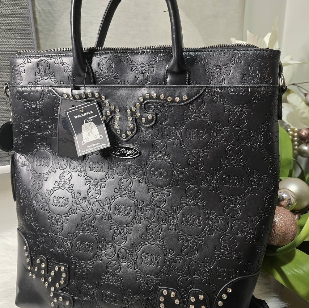 "Ed Hardy"" Black(skull and initial embossed) Faux Leather, Backpack, Tote.new - Picture 2 of 10